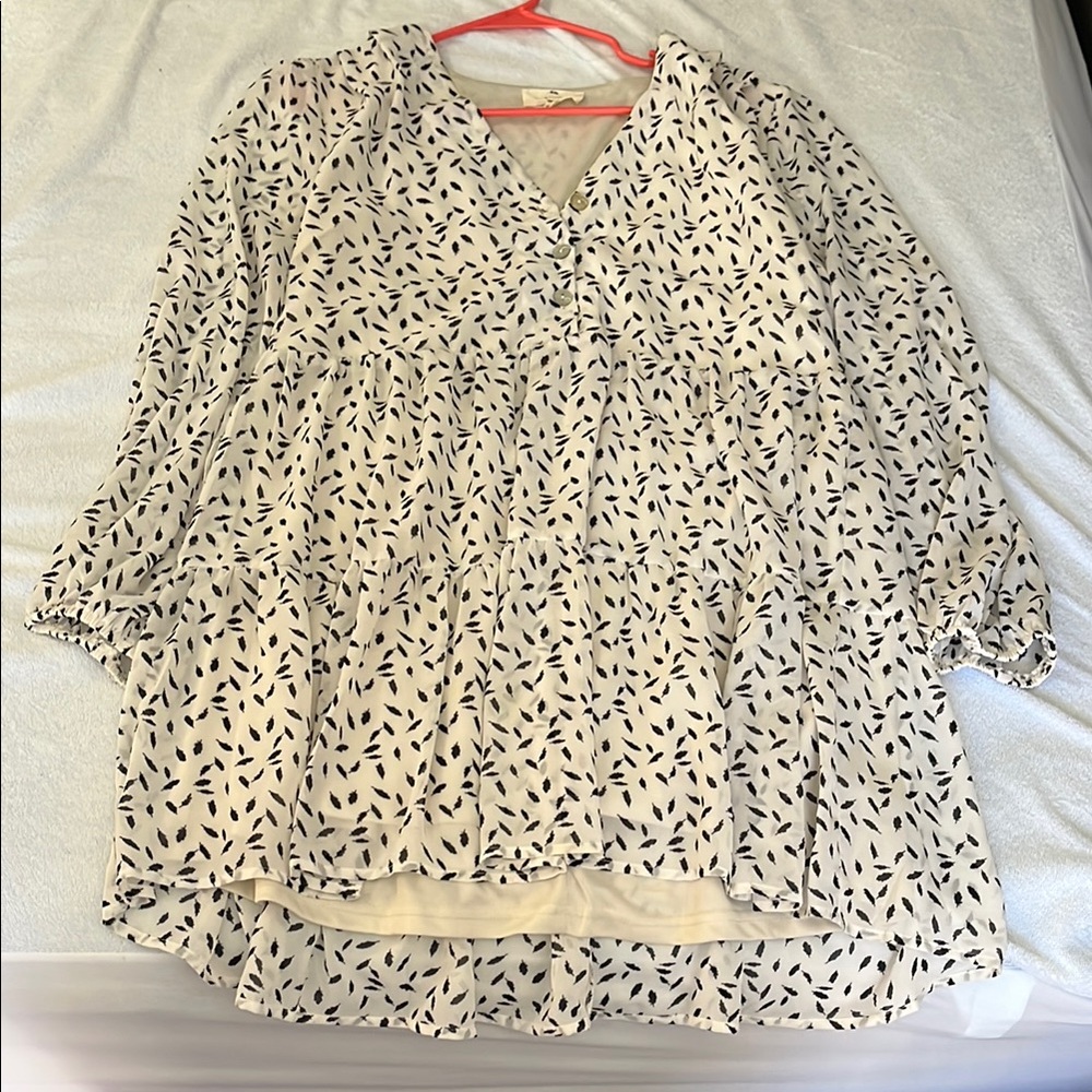 Zara White V-neck 3/4 Sleeve Relaxed Ruffled Tunic Dress